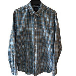 Men's Volcom Plaid Flannel Long Sleeve Shirt Size Medium Blue Gold Fall Hike EUC